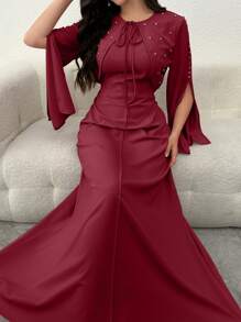 Modelyn 2 件套女士优雅短款夹克带钻石 + 修身紧身连衣裙套装，春夏 - 酒紅色 - 查看 3