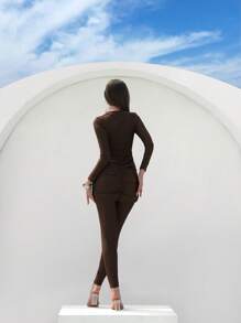 Swim Shayni Women 2 Pieces Set Casual Outfits Summer Vacation Beachwear, Round Neck Long Sleeve Dress+Loose Pants, Conservative Coffee Color Burkini Swimwear, For Women