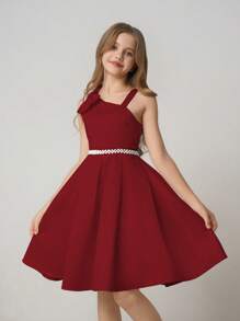 Tween Girl Sleeveless One Shoulder Cinched Waist A-Line Elegant Minimalist Wedding Bridesmaid Party Dress With Pearl Waistband - Burgundy - View 4