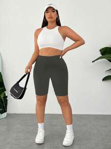 SHEIN EZwear Celana Pendek Skinny Abu-abu Gelap Ukuran Besar, Desain Minimalis Cocok untuk Musim Panas - Dark Grey - View 6