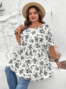 SHEIN CURVE+ Blusa vintage de manga farol con estampado floral diminuto y smock para mujer talla grande, para vacaciones de verano, estilo boho, para mujer, playa - Blanco y Negro - Ver 7