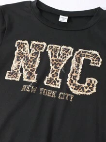 2 件套青少年女孩复古美式豹纹基本款短袖上衣和裤子套装，节日装