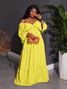 Slaydiva Plus Size Women's Solid Color V-Neck Loose A-Line Dress, Suitable For Beach, Vacation And Casual Wear,Beach Dress Sundress,Holiday Outfits Boho