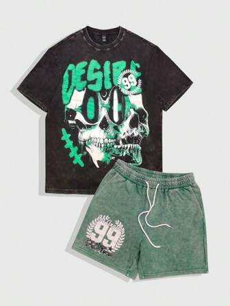 Street Life Conjunto de 2 piezas de camiseta de manga corta y pantalones cortos con estampado de calavera para hombre