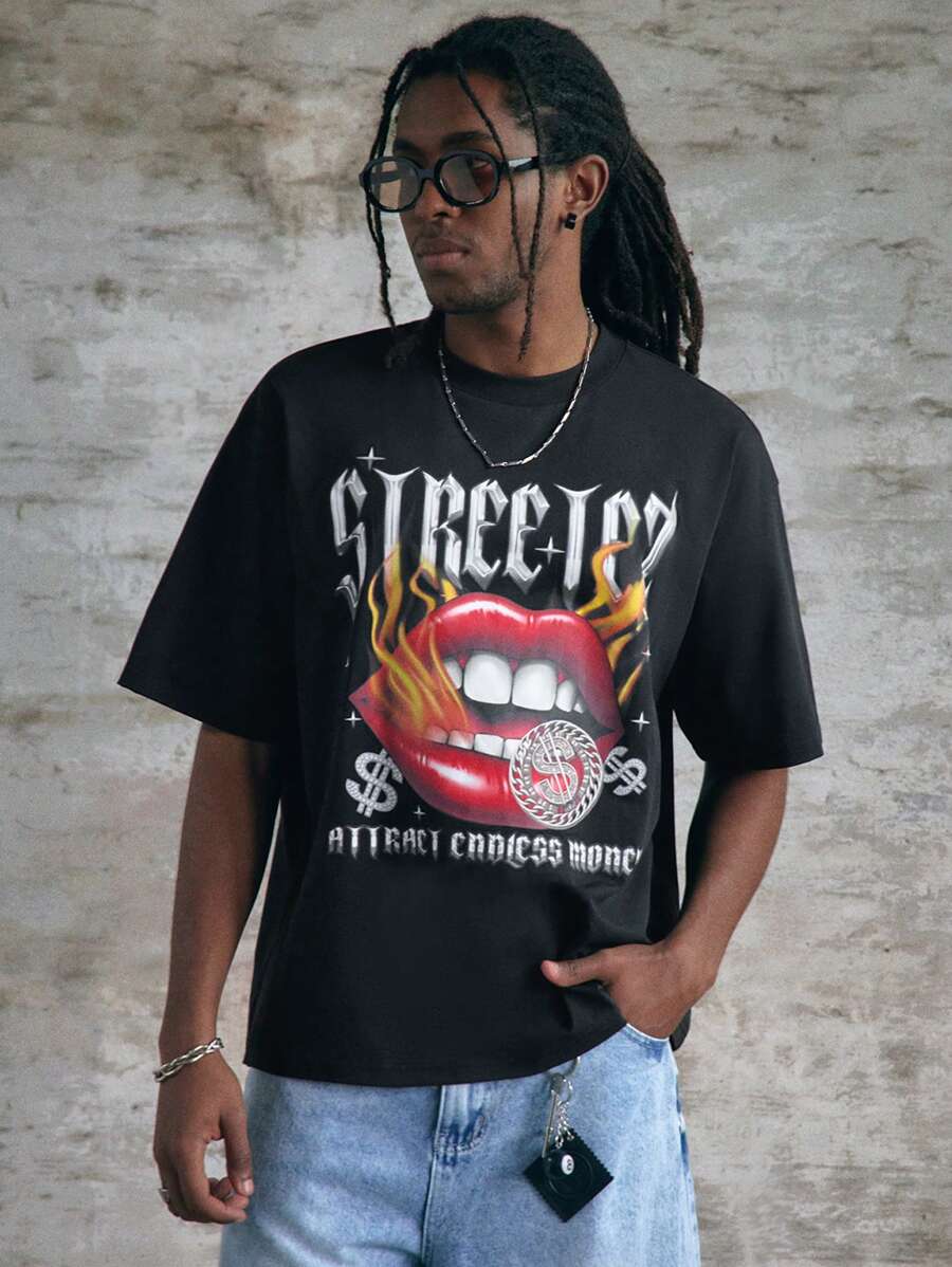 Manfinity NXTstreet Men's Slogan & Lips Graphic Round Neck Short Sleeve Casual T-Shirt - Black - View 1