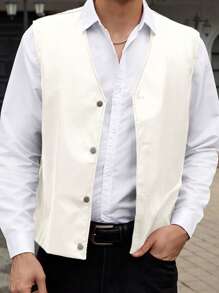 Manfinity VCAY Men's Woven PU Leather Loose Fit Sleeveless Vest, Suitable For Everyday Wear, For Fall Winter - White - View 1