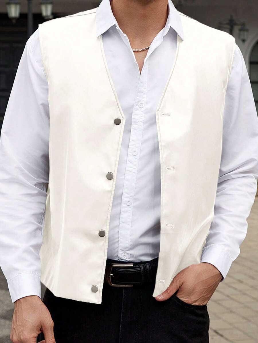 Manfinity VCAY Men's Woven PU Leather Loose Fit Sleeveless Vest, Suitable For Everyday Wear, For Fall Winter - White - View 1