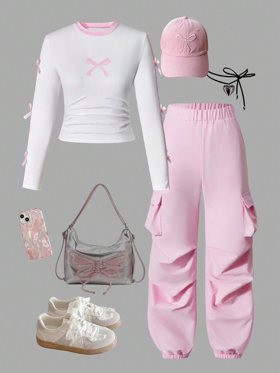SHEIN Outfit für Tween-Mädchen bestehend aus rotem Crop Langarm T-Shirt mit Schleifen-Dekor und pinker weiter Cargohose, 2-teiliges Set im Lässig Street Fashion Stil für den Valentinstag - Pink - Übersicht 1