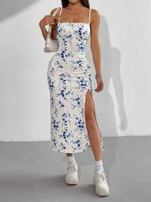 SHEIN EZwear Đầm midi hở vai in họa tiết hoa ngày lễ cho nữ - trắng - Xem 5