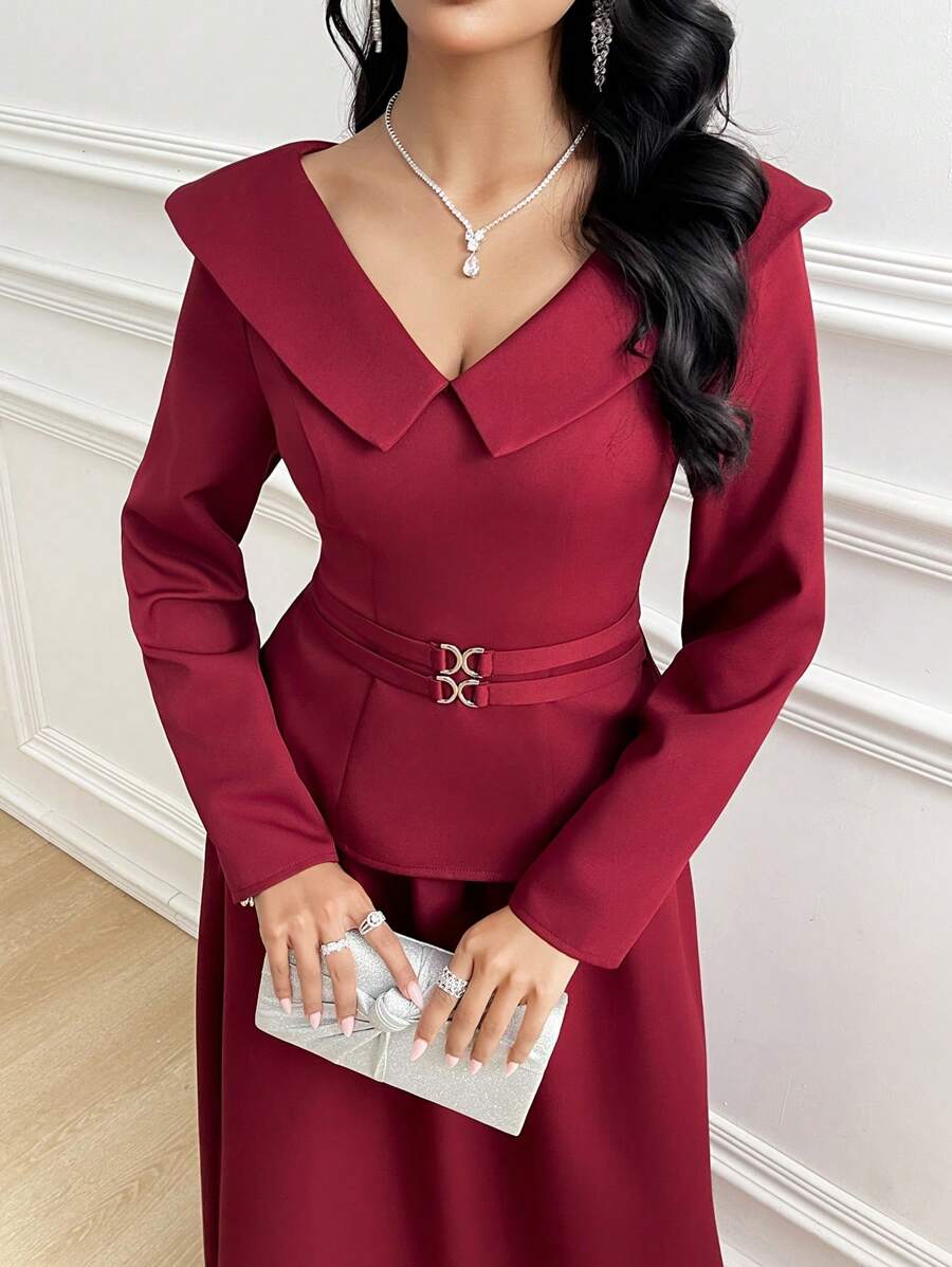 Modelyn Women's 2 Pieces Set: Solid Long Sleeve Top And Skirt - Burgundy - View 1