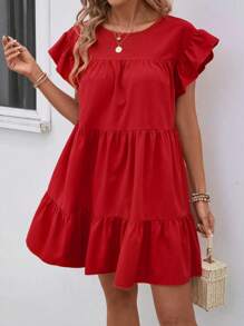 SHEIN LUNE Đầm babydoll rộng rãi cổ tròn màu trơn mùa hè cho nữ có viền bèo nhún trang phục đi biển - Đỏ - Xem 5