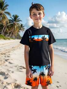 Tween Boys Swimwear With Printed Top And Random Printed Bottom