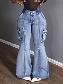 Slaydiva Women's Cargo Pocket Flare Casual Versatile Denim Jeans - Blue - View 1