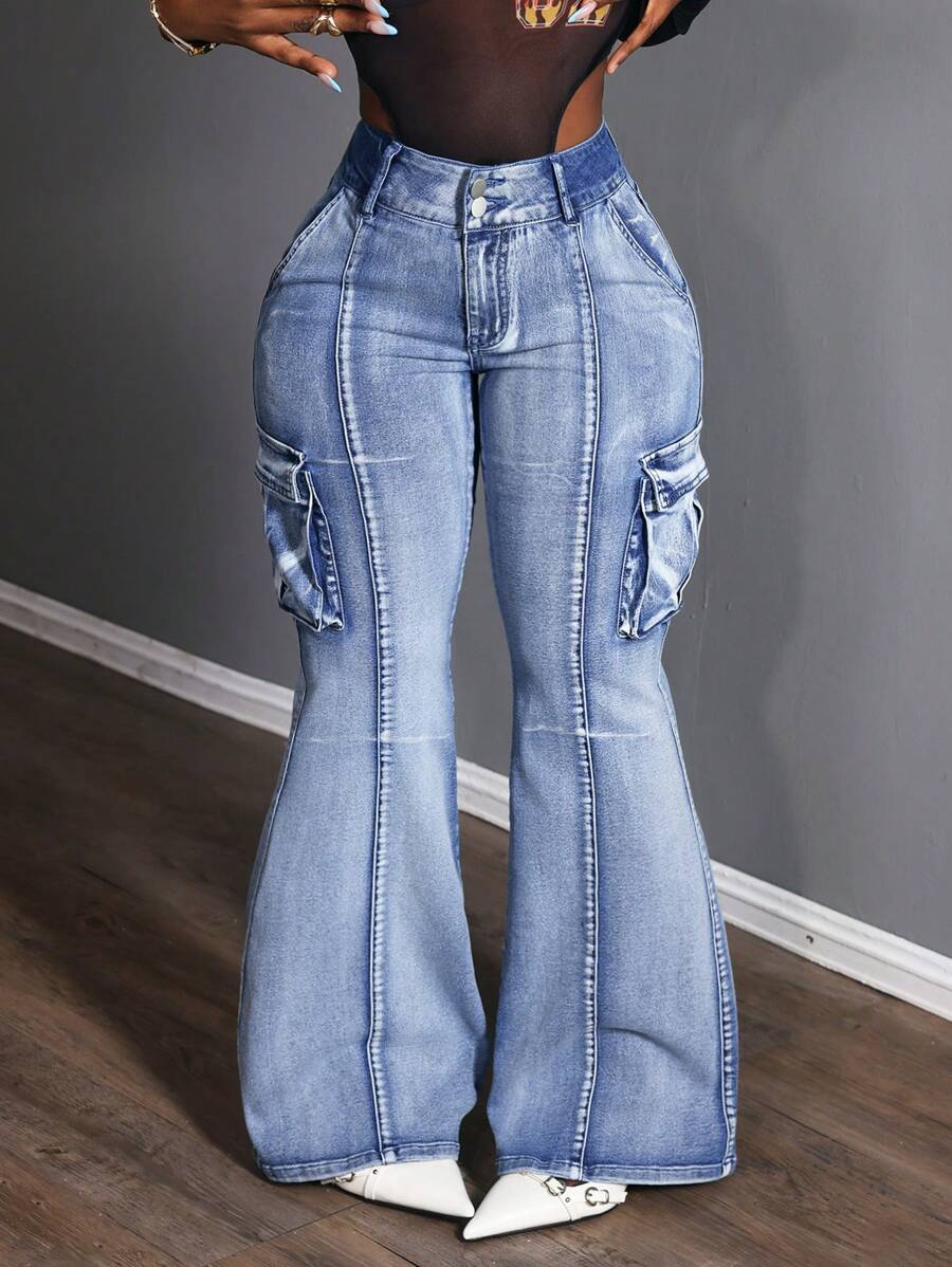 Slaydiva Women's Cargo Pocket Flare Casual Versatile Denim Jeans - Blue - View 1