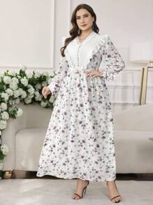 Modelyn 大码女式 V 领褶皱荷叶边长袖碎花连衣裙，优雅修身 - 彩色 - 查看 6
