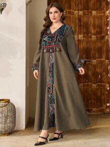 Al Najma Vestido elegante de talla grande para mujer con escote en V, manga de campana, apariencia de lino, estampado de jacquard, volantes en el bajo, de estilo árabe, turco y retro, modesto kaftan