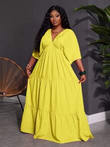 Slaydiva Plus Size Women's Solid Color V-Neck Loose A-Line Dress, Suitable For Beach, Vacation And Casual Wear,Beach Dress Sundress,Holiday Outfits Boho