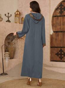 Al Najma Velvet Embroidered Long Robe, Hui Retro Style Extra Long Embroidered Turkish Jalabiya, Modest Kaftan - Grey - View 2