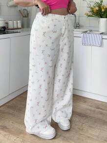 SHEIN MOD Women's Plus Size White Jeans Ditsy Floral Trousers Ditsy Floral Wide-Leg Pants Summer Pants Fresh Pastoral Style