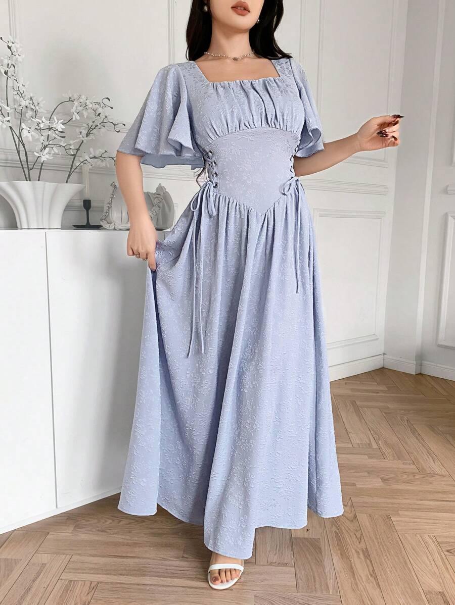 Modelyn Women's Elegant Light Blue Woven Fabric Arabian Dress, Shirred Bodice, And Square Neck, Short Sleeve, And Long Length For Special Occasions - Blue - View 1
