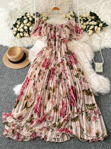 SHEIN Clasi Vestido maxi elegante con pliegues para vacaciones, de gasa con estampado floral, sin hombros, sin mangas, talla grande para mujer, para primavera/verano - Rosa - Ver 1