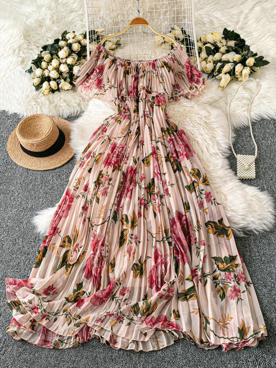 SHEIN Clasi Vestido maxi elegante con pliegues para vacaciones, de gasa con estampado floral, sin hombros, sin mangas, talla grande para mujer, para primavera/verano - Rosa - Ver 1