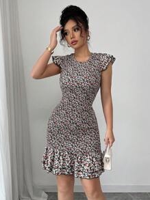 Elenzga Mini Ditsy Floral Ruched Hem Short A-Line Dress - Multicolor - View 3