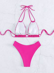 Swim Vcay 2pcs/Set Solid Color Halter Two Pieces Swimwear With High Cut Bikini Bottom For Summer Beach Vacation - Hot Pink - View 5