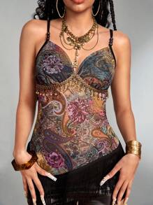 ROMWE Hippie Camiseta de tirantes con estampado de paisley, dobladillo con flecos de cuentas de madera, estilo retro hippie western y de festival de música para mujeres