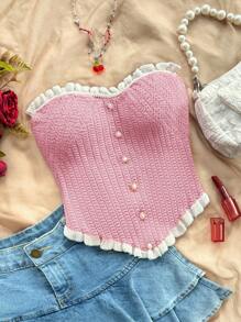 Soleia Casual Comfortable Red & White Contrast Ruffle Knit Tube Top - Pink - View 5