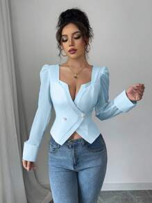 Chiquease Women's Square Collar Overlap Crossed Pearl Decor Button Splicing Chiffon Sleeve Waist Shirt - Blue - View 6