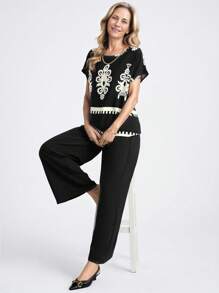 Miaspire Ladies' Spring/Summer Bohemian-Style Printed Top & Casual Solid Color Pants Set, Suitable For Beach Vacations - Black - View 3