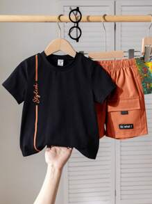 SHEIN Little Byeori Set de 2 piezas de Camiseta de cuello redondo casual y Pantalones cortos utilitarios verde neón para niños pequeños, apropiado para primavera/verano, uso diario, deportes, salidas, escuela, reuniones, festivales, actuaciones y sesiones de fotos. - Naranja - Ver 4