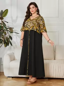 SHEIN Lacomfia V-Neck Geometric Digital Printing Patchwork Loose Retro & Generous Plus Size Arabian Dress