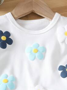 Bộ 2 chiếc áo tay ngắn in hoa cúc và chân váy chữ A bằng vải denim cho bé gái, trang phục giản dị và thoải mái cho mùa xuân hè thu khi ở nhà và hoạt động ngoài trời - Nhiều màu - Xem 3