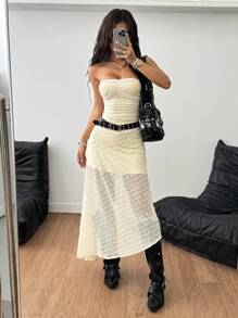 SHEIN EZwear Vestido maxi casual con textura, tipo tubo, de estilo vintage para mujer, para festivales de música, para primavera/verano - Blanco - Ver 1