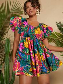 Travachic Summer Beach Woman Tropical Print Butterfly Sleeve Dress - Navy Blue - View 6
