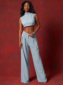 NYA SZN 商务褶皱斜口袋长裤 夏季 - 藍色 - 查看 5