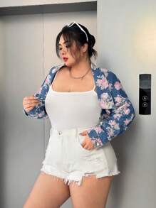 SHEIN EZwear 大码花卉印花短款牛仔夹克，休闲，春夏 - 彩色 - 查看 3