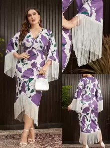 Modelyn Plus Size Elegant Party Floral Print Fringe Decor Dress - Purple - View 1