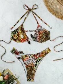 SHEIN Swim 女士性感豹纹比基尼套装，随机花卉印花，系带吊带设计，沙滩泳装套装 - 黃色 - 查看 3