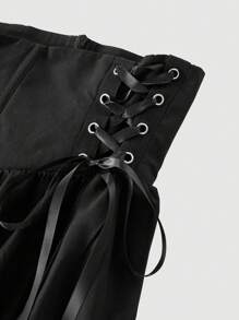 SHEIN MOD 黑色梦幻浪漫奢华荷叶边短裤，蝴蝶结装饰，腰带拼接，交叉系带，适合约会、派对、节日、茶会、生日、女士夏季、复活节、女士海滩、女士度假、夏季、女士音乐会、锐舞、女士巡航装、Y2K、女士节日 - 黑色 - 查看 4