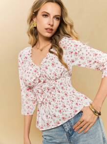 Poéselle 1 stuk dames blouse met vierkante kraag en ruches, middellange mouwen, minimalistische en casual dagelijkse kleding, bloemenblouse, blouse met rucheskraag