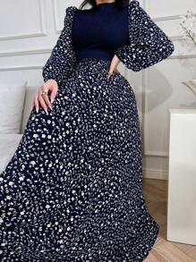 Feyla Women's Mini Ditsy Floral Patchwork Arabic Style Dress,Modest - Navy Blue - View 6