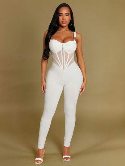 SHEIN SXY Spring/Summer Wedding Season Guests Valentine's Day Elegant Romantic White High Stretch Knitted Hardware Embellished With Halter Corset Style Long Slim-Fit Jumpsuit