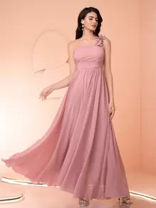 SHEIN Belle 优雅纯色不对称 3D 花卉装饰伴娘礼服 - 粉色 - 查看 8