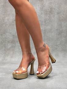 CUCCOO LuxiPop Transparent Glass Square-Toe Platform Chunky High Heel Sandals, Versatile Casual Women Shoes In Champagne Color - Champagne - View 1