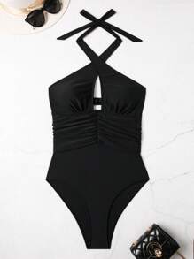 Swim SXY Đồ bơi liền thân không dây màu đen trơn có dây đeo chéo lưng nhún bèo cho nữ - màu đen - Xem 4