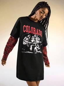 Easelle Camiseta informal de 2 piezas con estampado de figura y letra, suelta y a cuadros