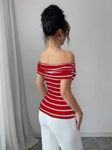 Elenzga French Elegant Retro Striped Off Shoulder T-Shirt, Boho Holiday And Casual Everyday Wear - Red - View 2